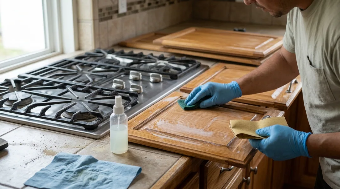 Cabinets near a cooktop carry a film of cooking oil that no primer will stick through — Terre Haute, IN