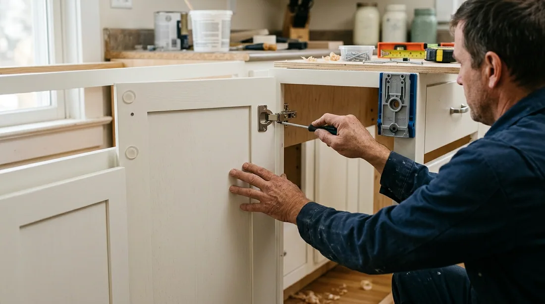 Doors go back on, hinges are adjusted so reveals line up, and new hardware is drilled from a jig — Terre Haute, IN