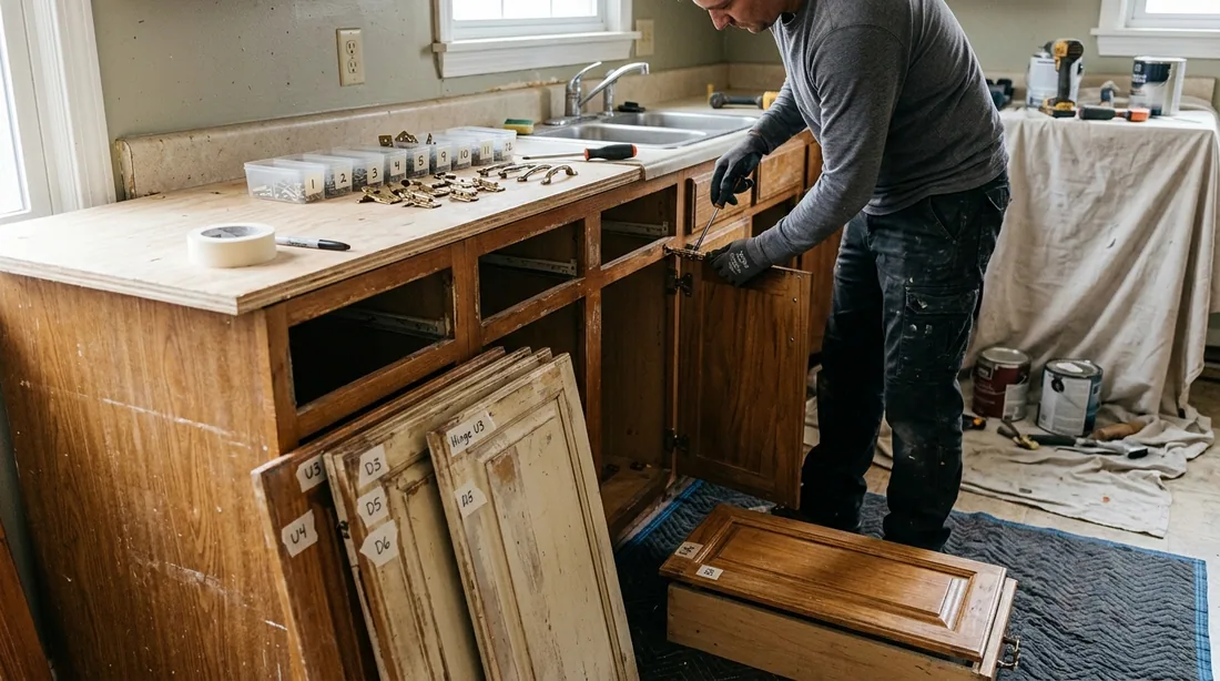 Every door, drawer front, hinge, and pull comes off and gets numbered so it returns to the exact — Terre Haute, IN