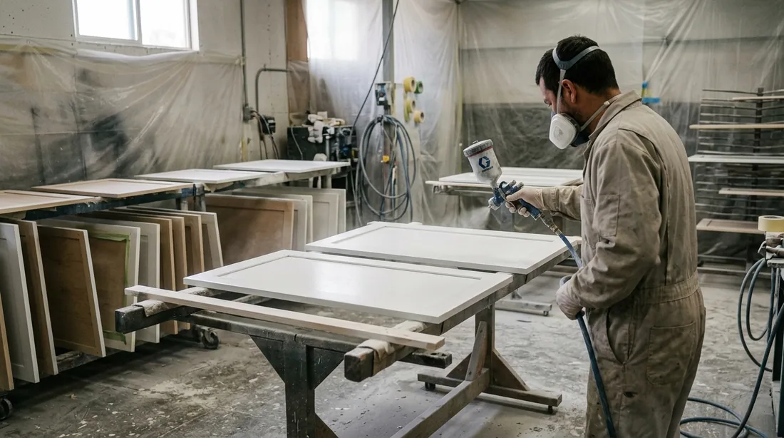 Doors are sprayed flat in a controlled area, two thin coats with a light sand between — Terre Haute, IN