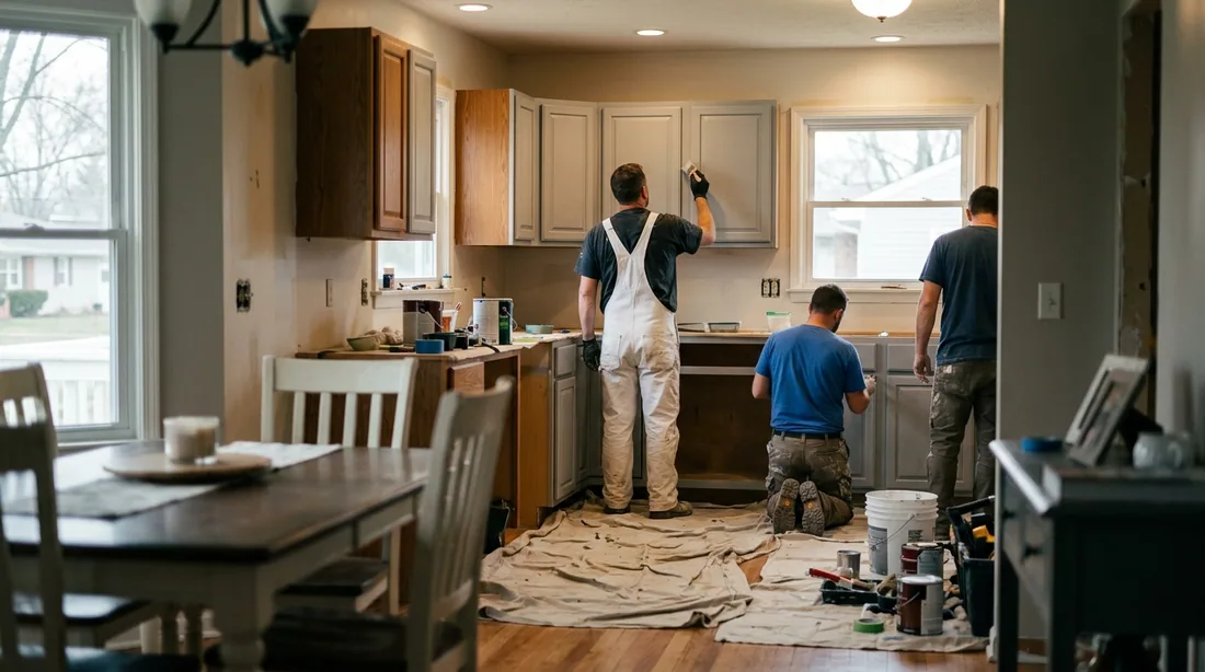 A small professional crew working on a cabinet painting job at a property, seen from behind and at — Terre Haute, IN